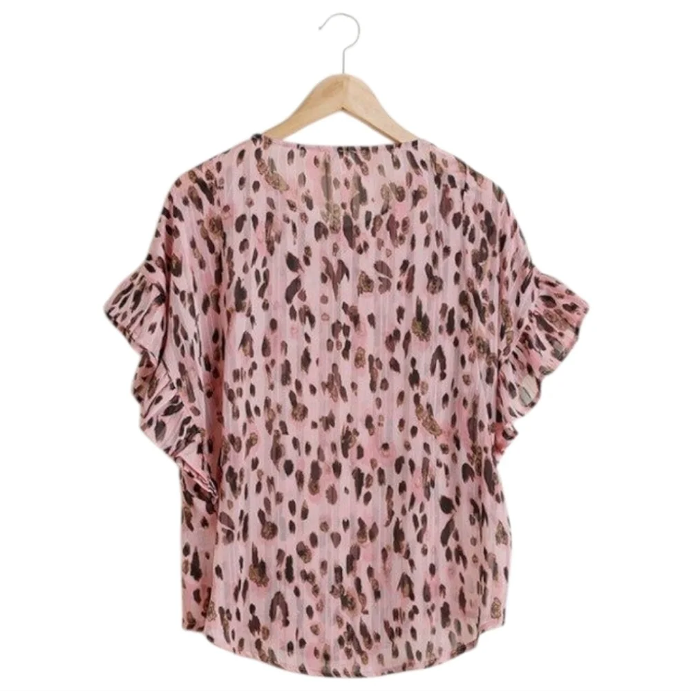 Umgee Pink Metallic Leopard Print Ruffle Sleeve Blouse Size L Sheer Top